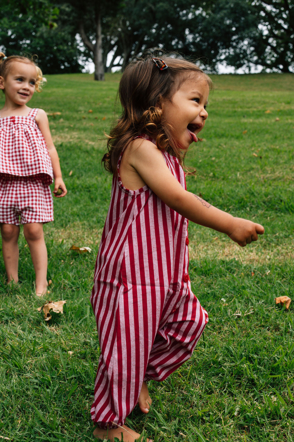 Stripe Cotton Jumpsuit - Red