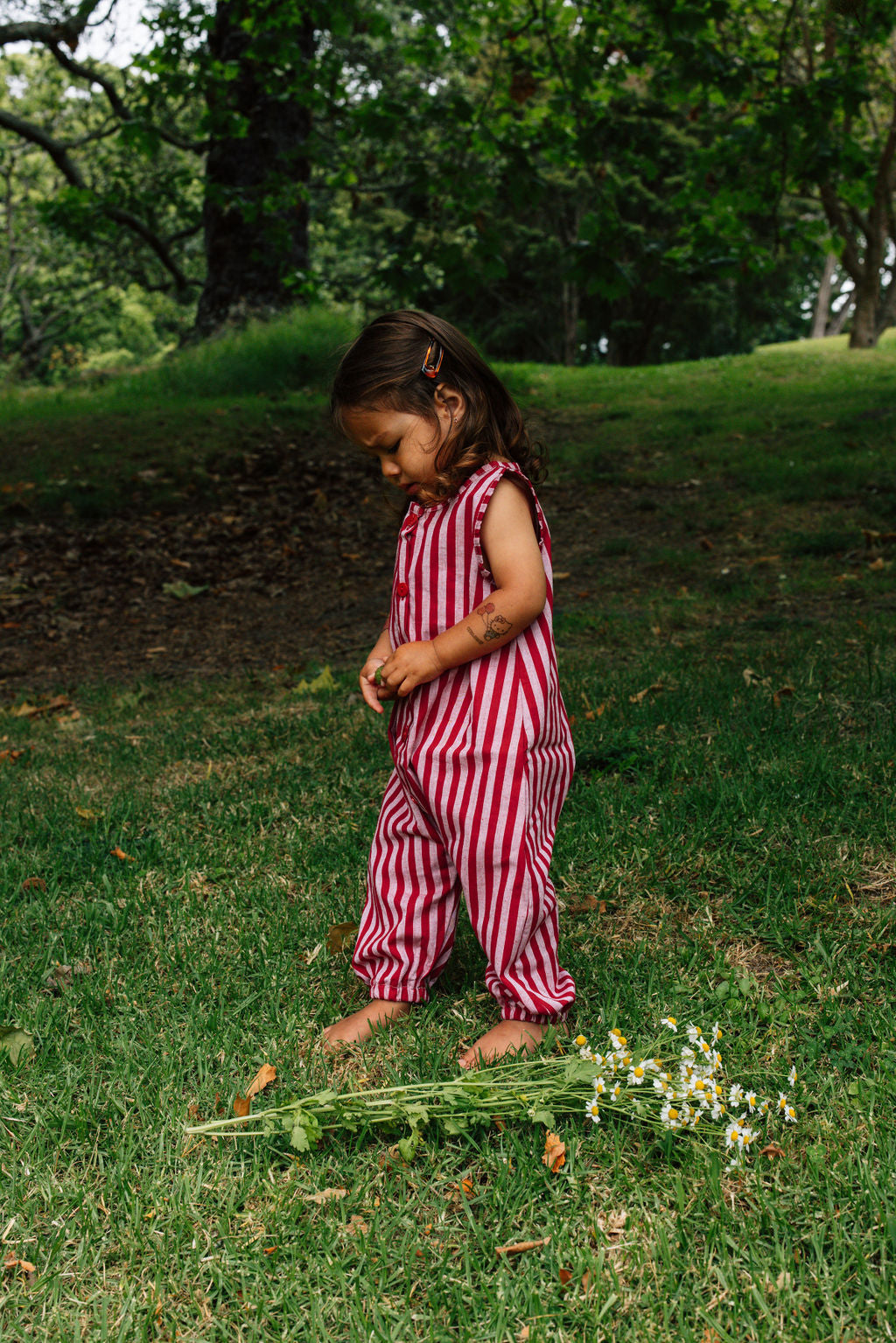 Stripe Cotton Jumpsuit - Red